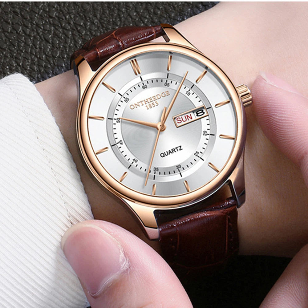 High Quality Rose Gold Dial Watch Leather Waterproof Quartz Movement Date