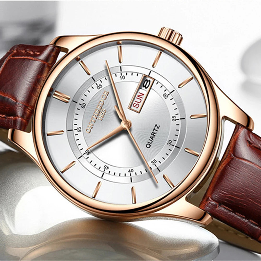 High Quality Rose Gold Dial Watch Leather Waterproof Quartz Movement Date