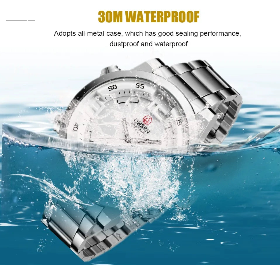 Fashion Sport Watch Men Digital Quartz LED Steel Strap Dual Time Watch 3ATM Waterproof Military Wristwatches Relogios