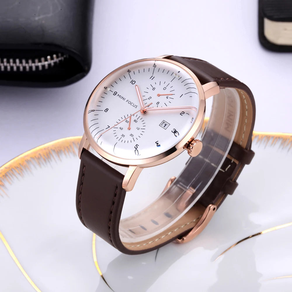 MINI FOCUS Men Watch Top Brand Luxury Quartz Watches Casual Fashion Genuine Leather Waterproof