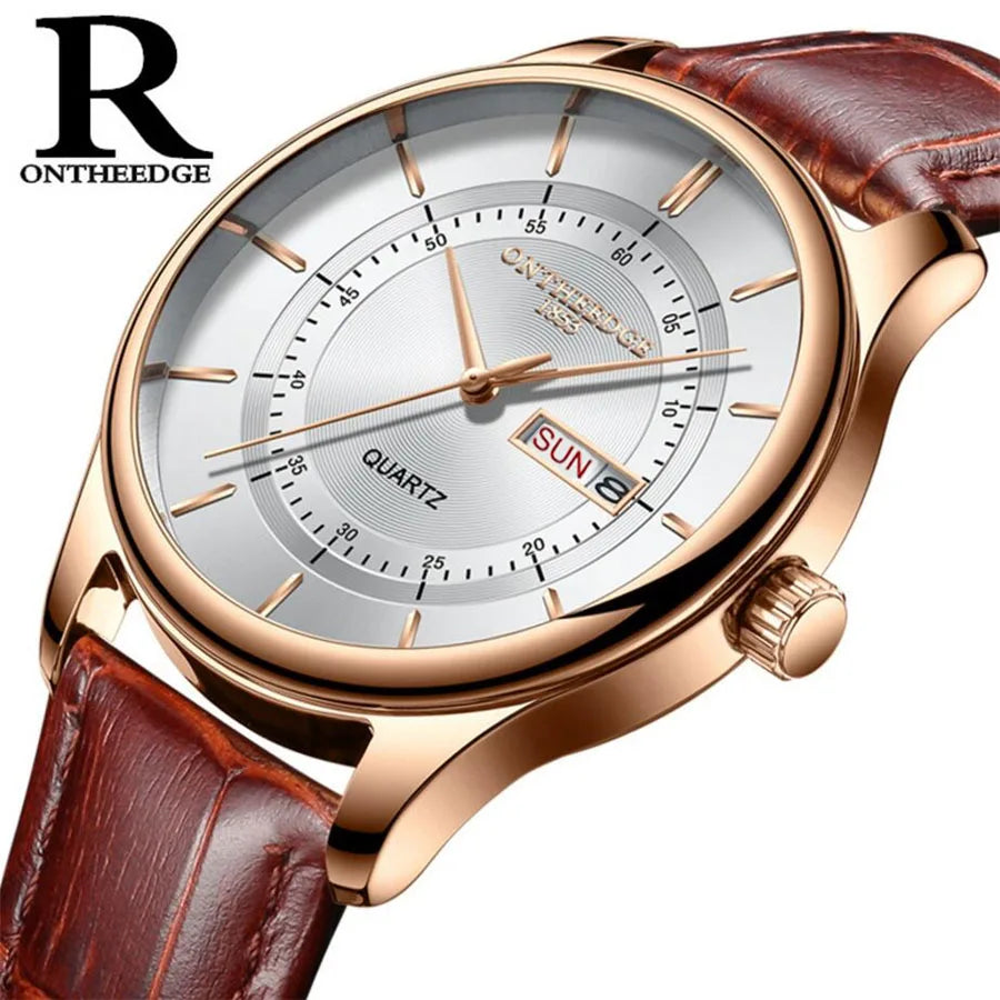 High Quality Rose Gold Dial Watch Leather Waterproof Quartz Movement Date