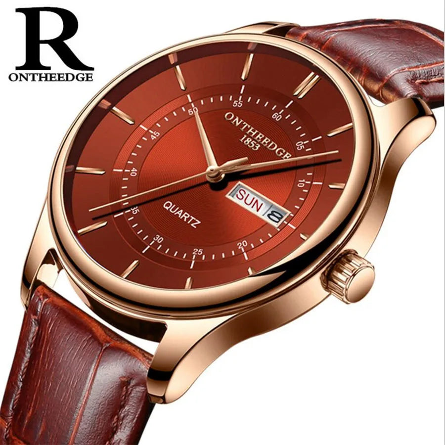 High Quality Rose Gold Dial Watch Leather Waterproof Quartz Movement Date