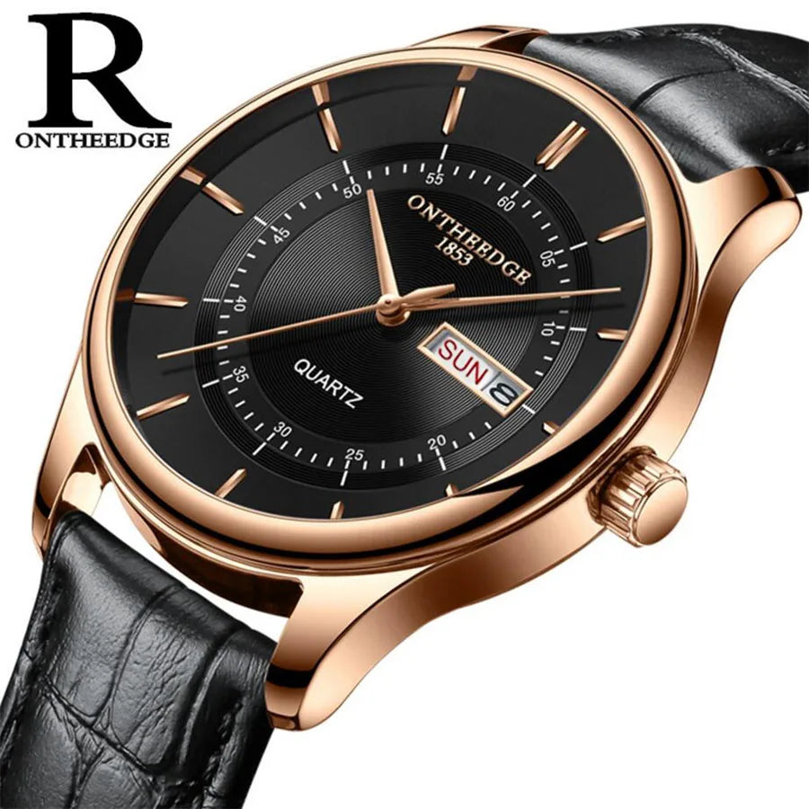 High Quality Rose Gold Dial Watch Leather Waterproof Quartz Movement Date