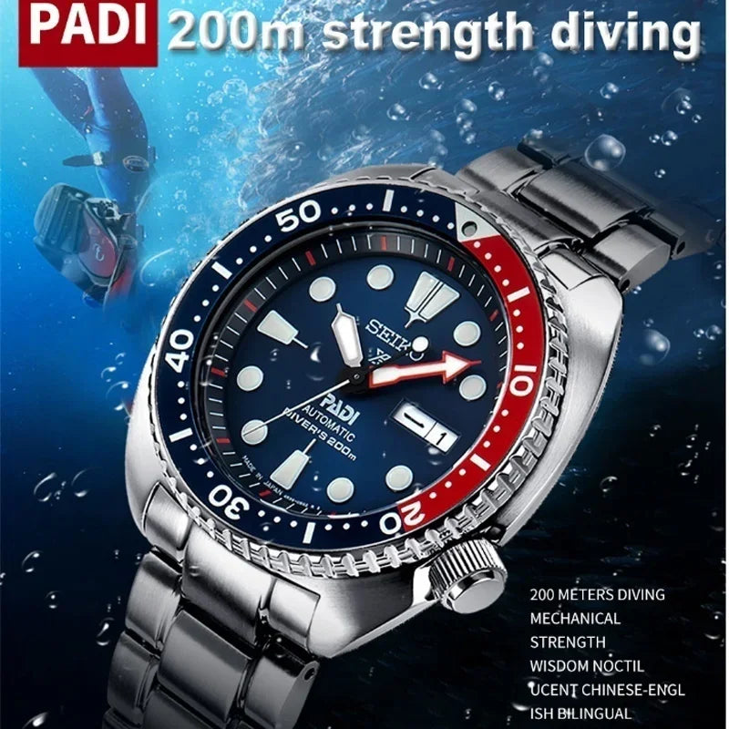 Seiko Men's PADI Water Ghost Automatic Mechanical Diving Watch Silver Strap blue Red Bezel