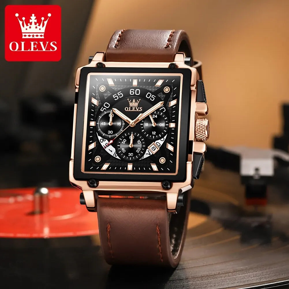 OLEVS Top Brand Watches Square Quartz Watch Watch For Men Waterproof Leather Strap