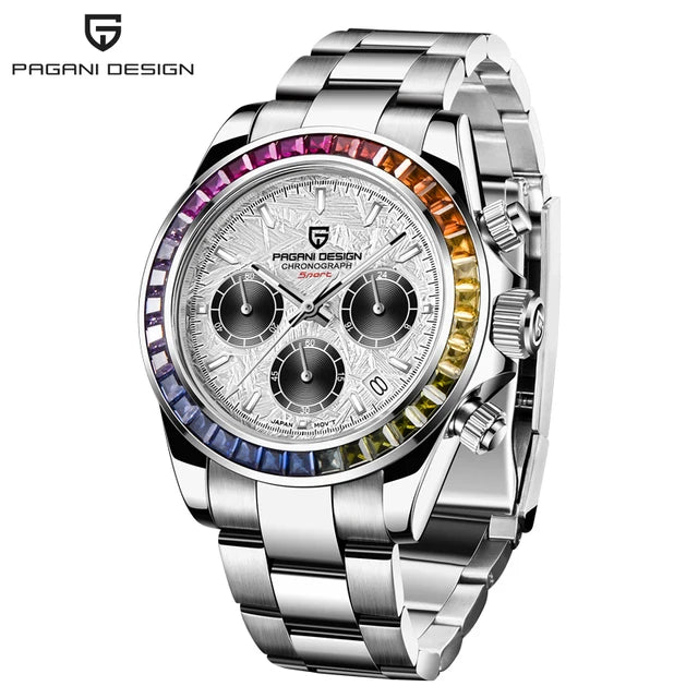 2023 PAGANI DESIGN New Rainbow Bezel Sport Watch Stainless Steel 100M Waterproof VK63 Sapphire Chronograph