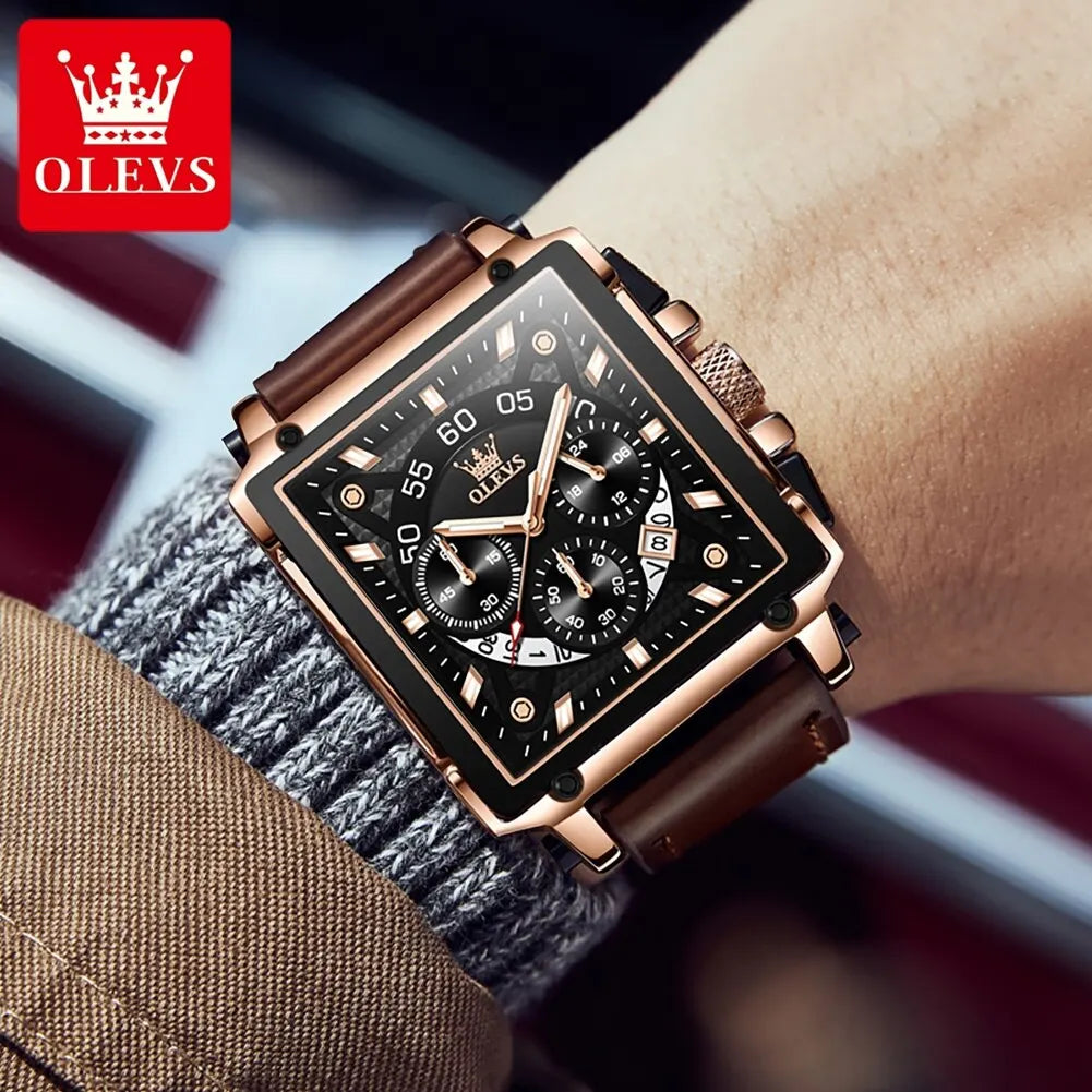 OLEVS Top Brand Watches Square Quartz Watch Watch For Men Waterproof Leather Strap