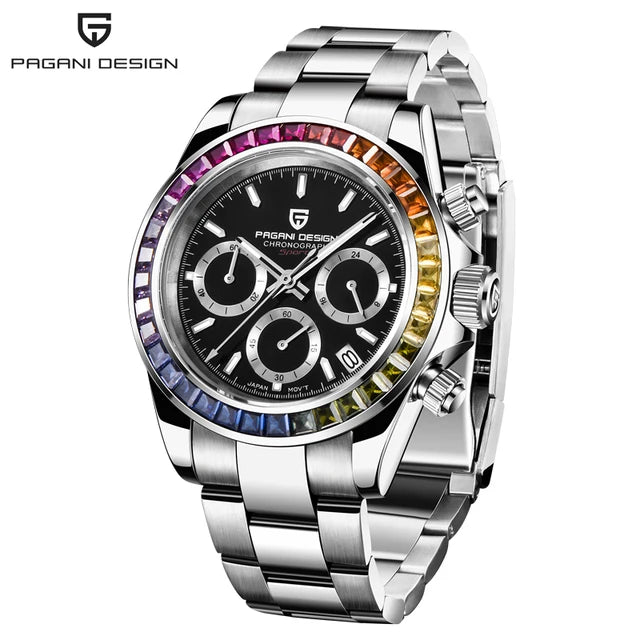 2023 PAGANI DESIGN New Rainbow Bezel Sport Watch Stainless Steel 100M Waterproof VK63 Sapphire Chronograph