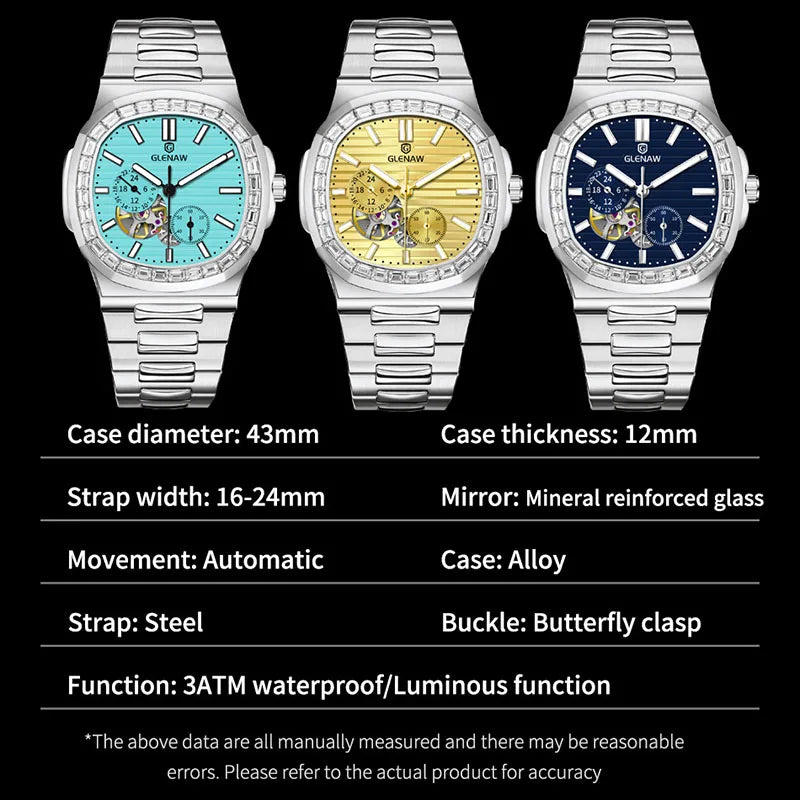 GLENAW Diamond Stainless Steel Men Automatic Watch Waterproof