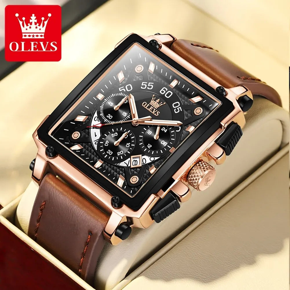 OLEVS Top Brand Watches Square Quartz Watch Watch For Men Waterproof Leather Strap