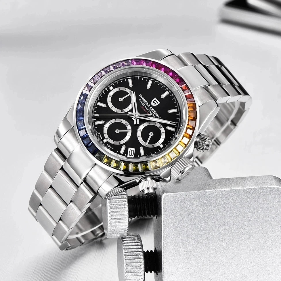 2023 PAGANI DESIGN New Rainbow Bezel Sport Watch Stainless Steel 100M Waterproof VK63 Sapphire Chronograph