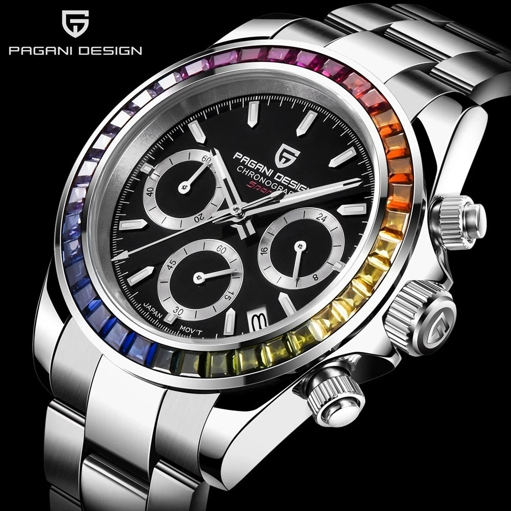 2023 PAGANI DESIGN New Rainbow Bezel Sport Watch Stainless Steel 100M Waterproof VK63 Sapphire Chronograph