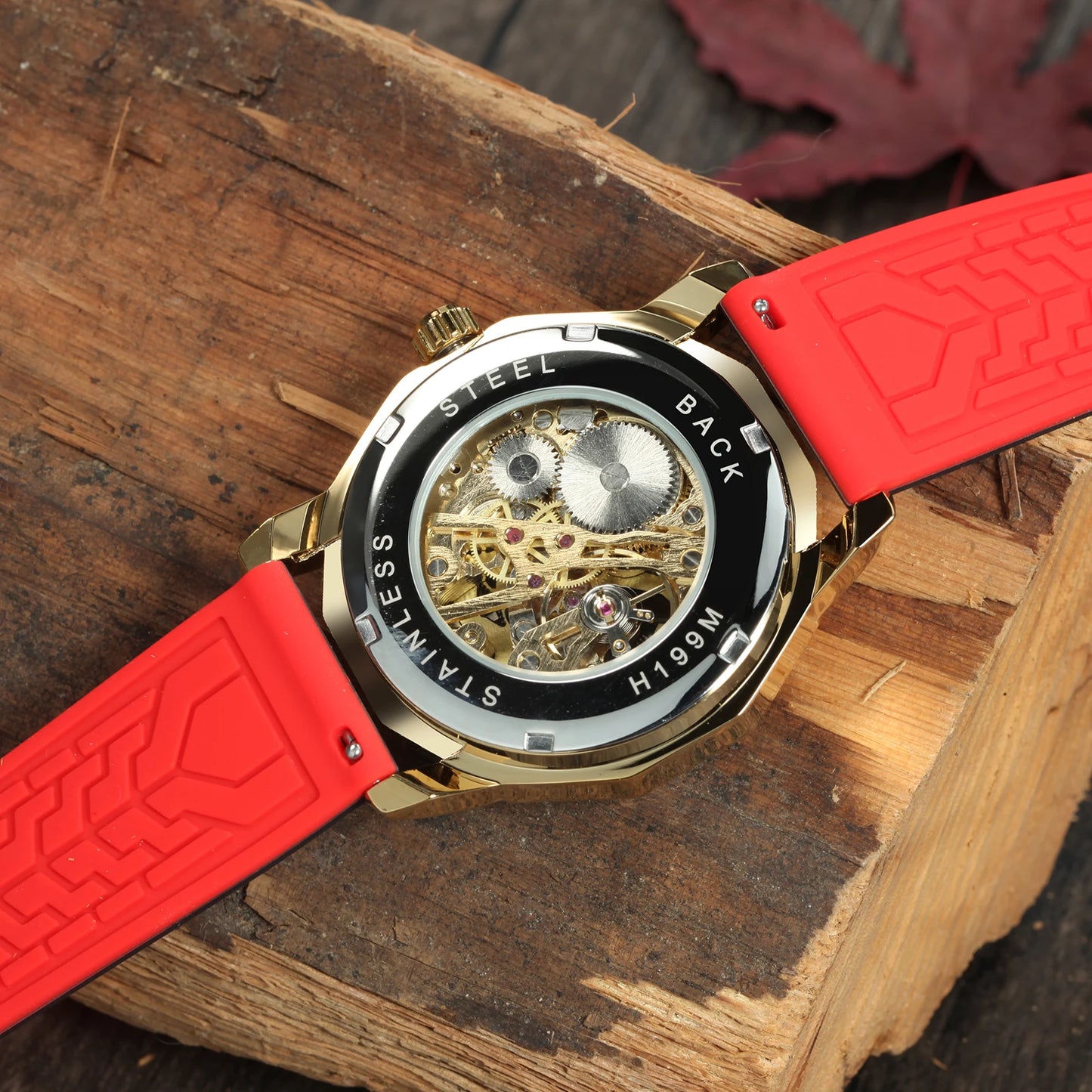 Forsining Fashion Gold Skeleton Mechanical Watches for Men Luminous Hands Casual Black Red Rubber Strap Irregular Sports Watch