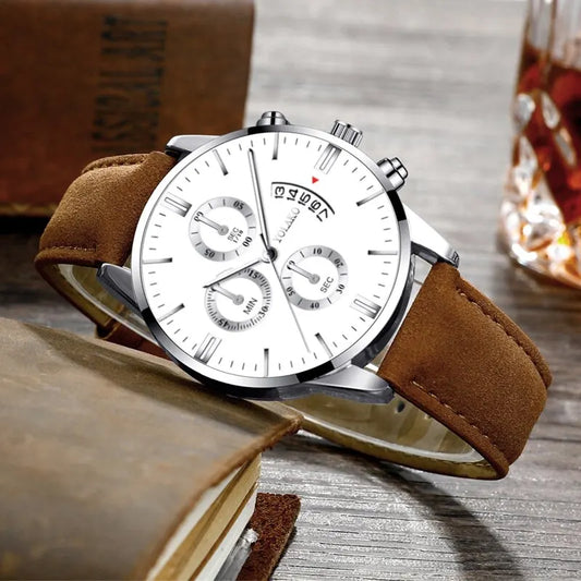 Luxury Mens Military Sports Brown Leather Quartz Wrist Watch Business Casual Relogio Masculino