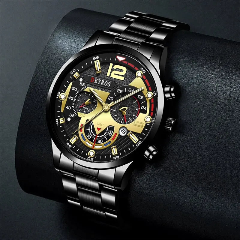 Luxury Fashion Mens Watches Stainless Steel Quartz Wristwatch Calendar Luminous Clock