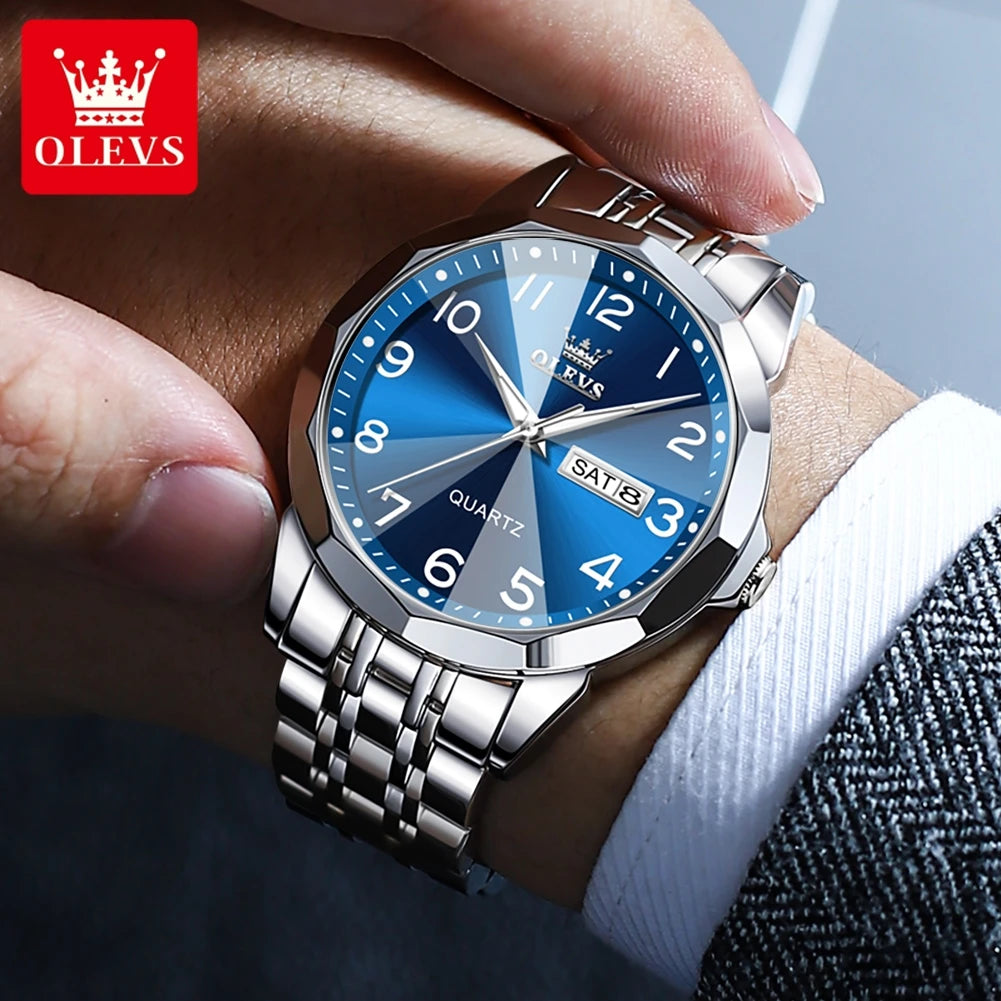 OLEVS 9970 Men's Wristwatch Luxury Digital Dial Unique Rhombus Mirror Quartz Stainless Steel Waterproof