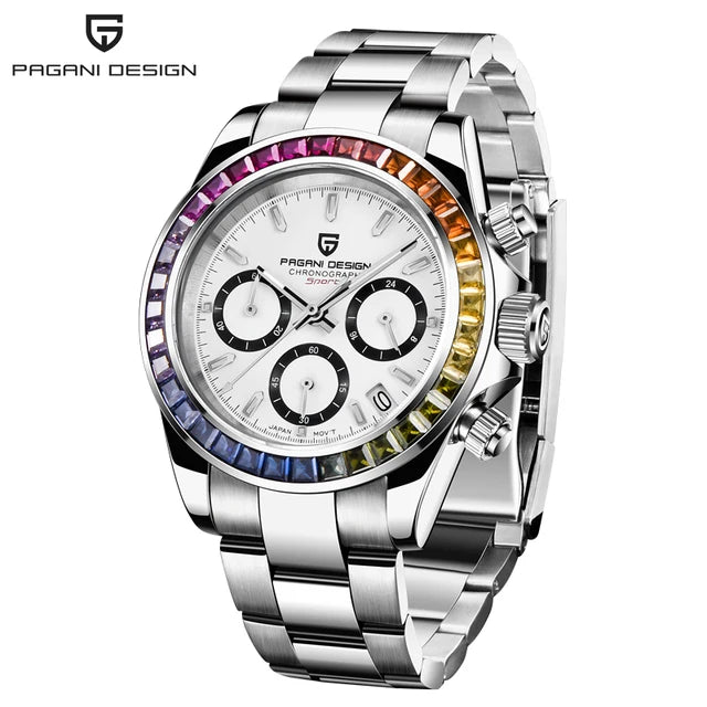 2023 PAGANI DESIGN New Rainbow Bezel Sport Watch Stainless Steel 100M Waterproof VK63 Sapphire Chronograph