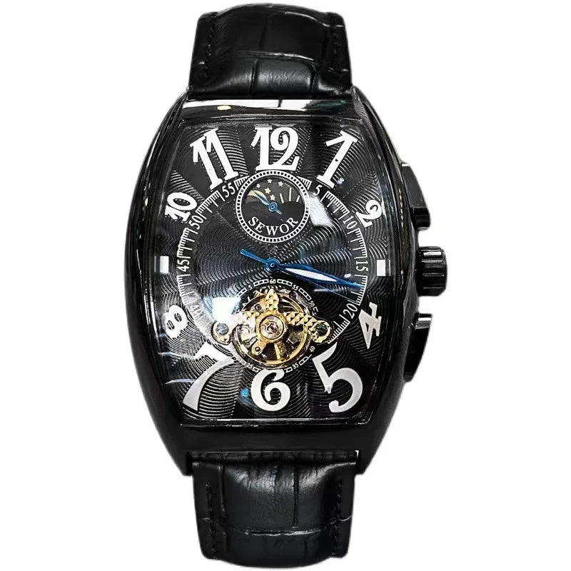 Sewor Men's Watches Fashion Moon Phase Tourbillon Automatic Mechanical