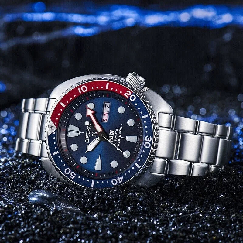 Seiko Men's PADI Water Ghost Automatic Mechanical Diving Watch Silver Strap blue Red Bezel