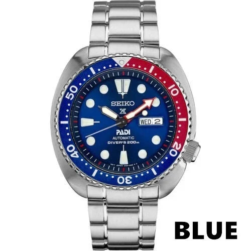 Seiko Men's PADI Water Ghost Automatic Mechanical Diving Watch Silver Strap blue Red Bezel