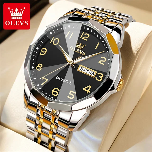 OLEVS 9970 Men's Wristwatch Luxury Digital Dial Unique Rhombus Mirror Quartz Stainless Steel Waterproof