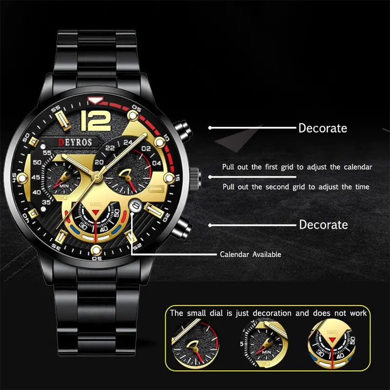 Luxury Fashion Mens Watches Stainless Steel Quartz Wristwatch Calendar Luminous Clock