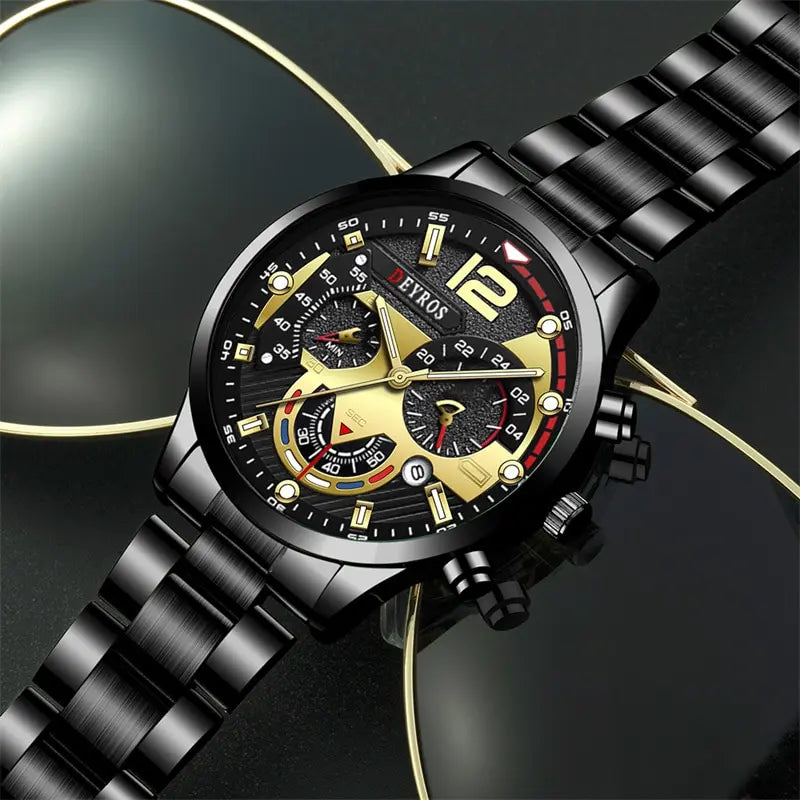 Luxury Fashion Mens Watches Stainless Steel Quartz Wristwatch Calendar Luminous Clock