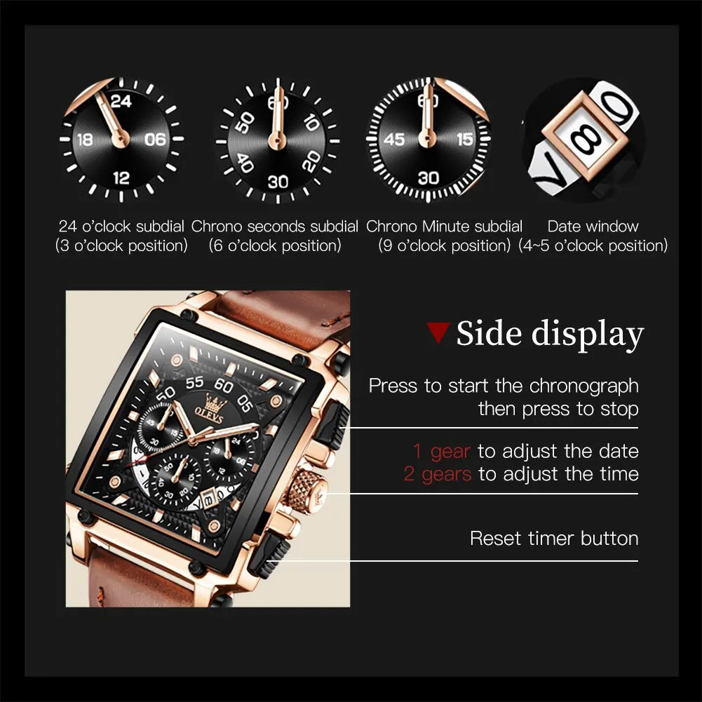 OLEVS Top Brand Watches Square Quartz Watch Watch For Men Waterproof Leather Strap